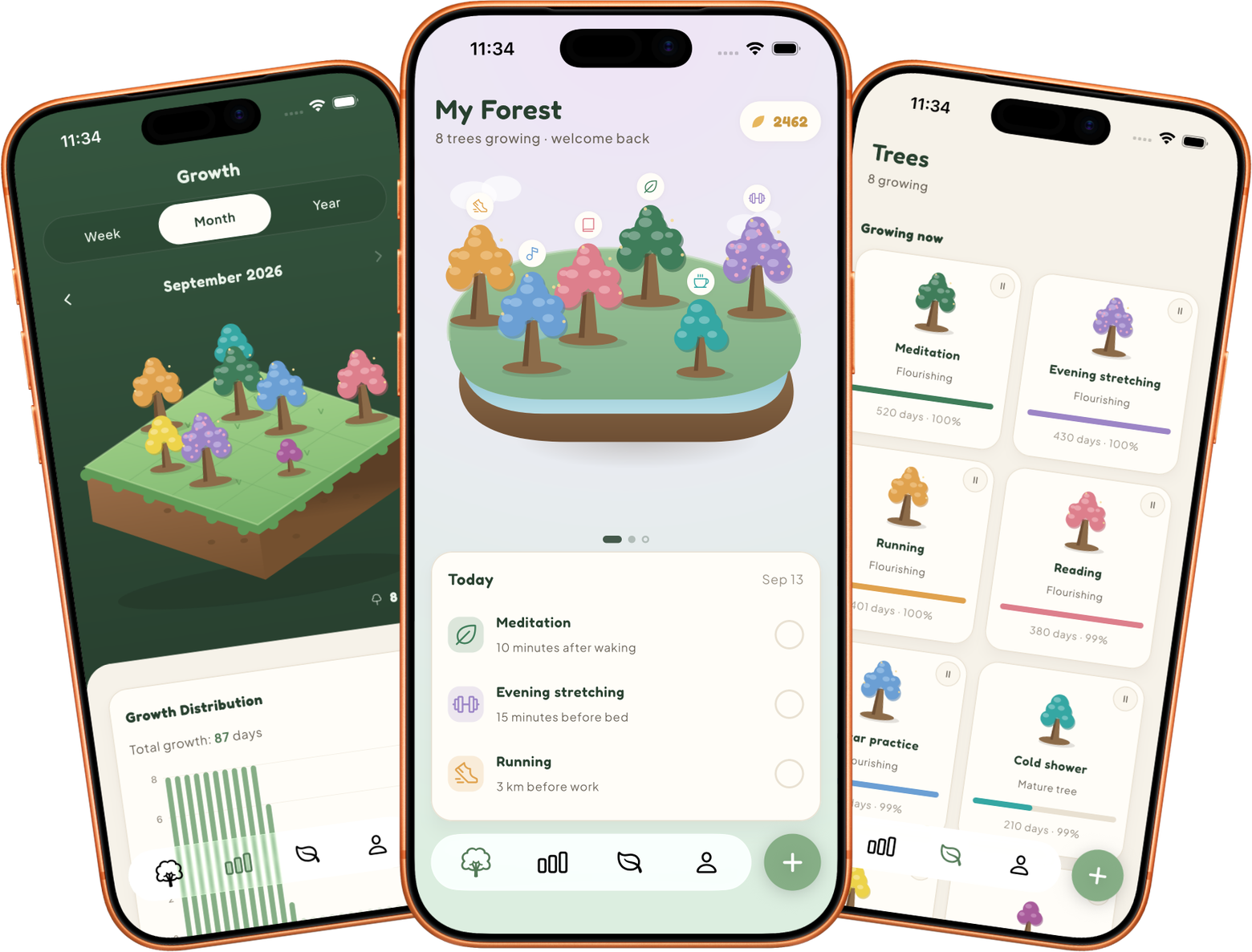 Three Habiora screens: the Growth island for September, the My Forest home screen, and the Trees list