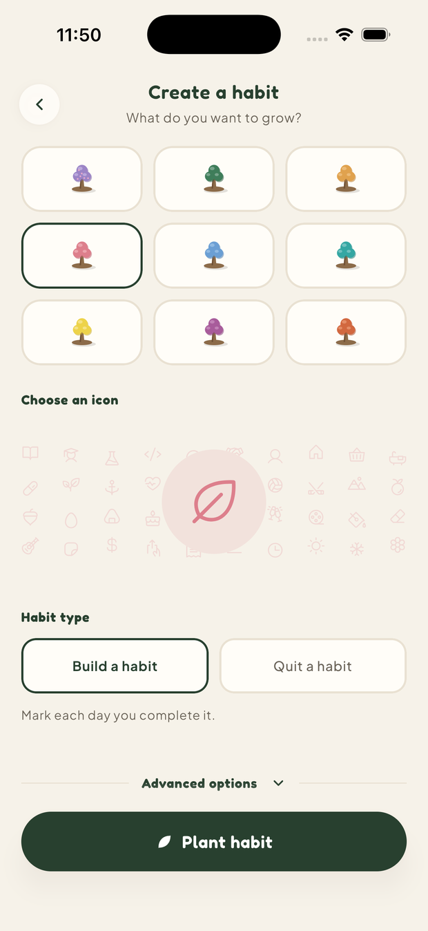 The Create a habit screen with tree species, icon picker and habit type