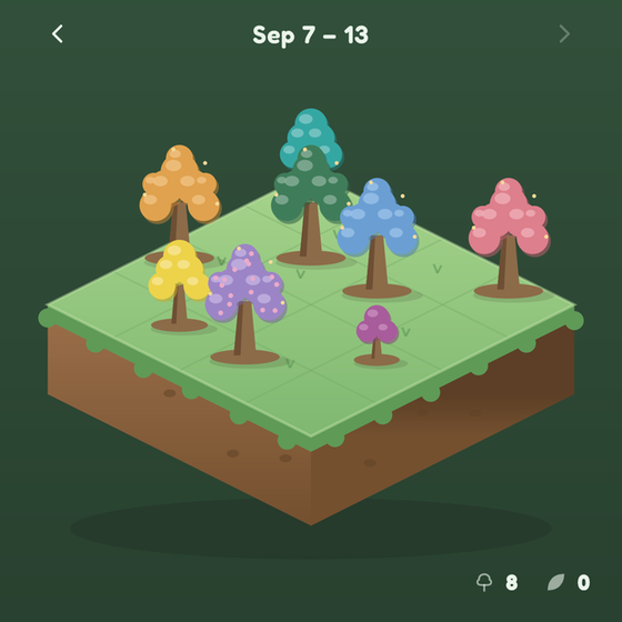 An island of eight coloured trees seen from above